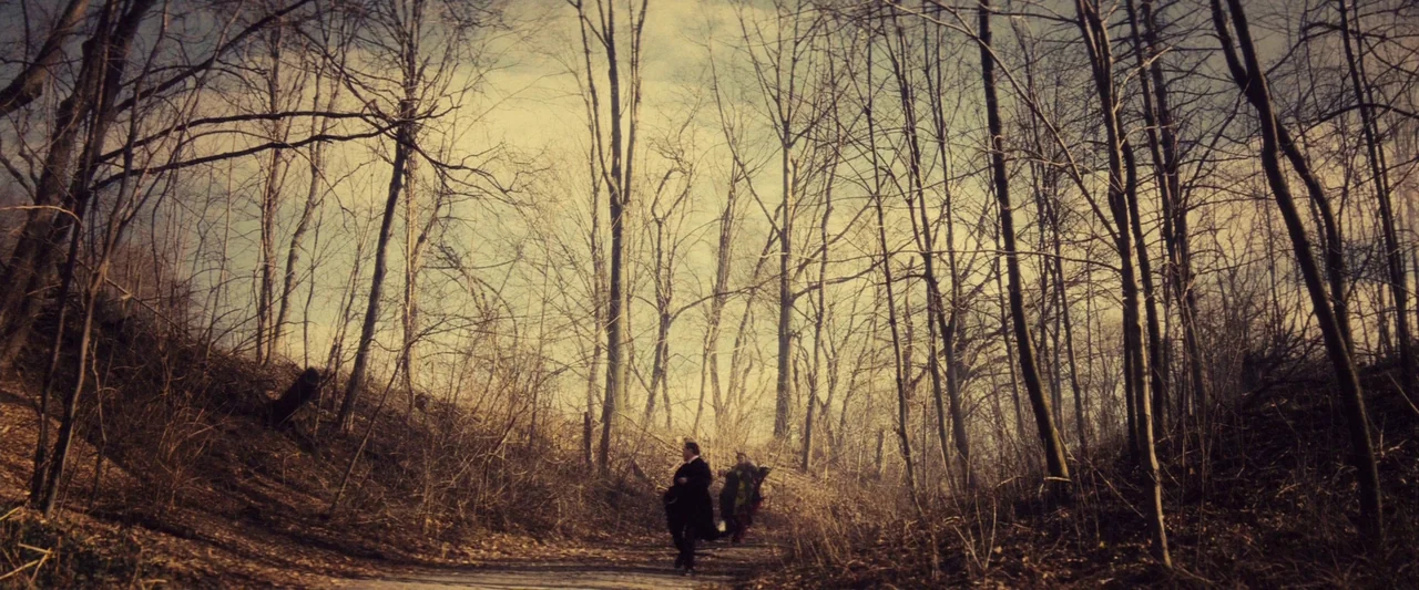 The Immigrant (2013) movie still: wide — A dense woodland clearing features a dirt path flanked by bare, leafless winter trees. Two figures in…