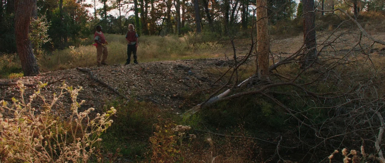 Joe (2013) movie still: wide — A rural wooded area with a sloping gravel path and sparse brush. Two men stand on the path while looking toward each…