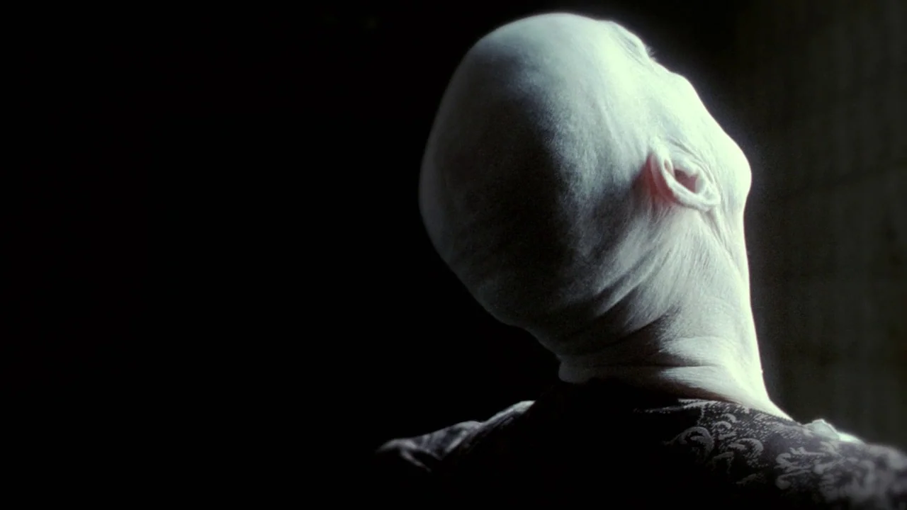 Cold Souls (2009) movie still: closeup — A dark, undifferentiated interior space obscures the surroundings. A bald person tilts their head back…