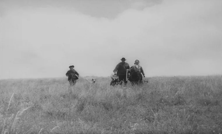 The Wild Child (1970) movie still: wide — Three people trek across a large, flat, grass-covered meadow under a heavily overcast sky. The group…