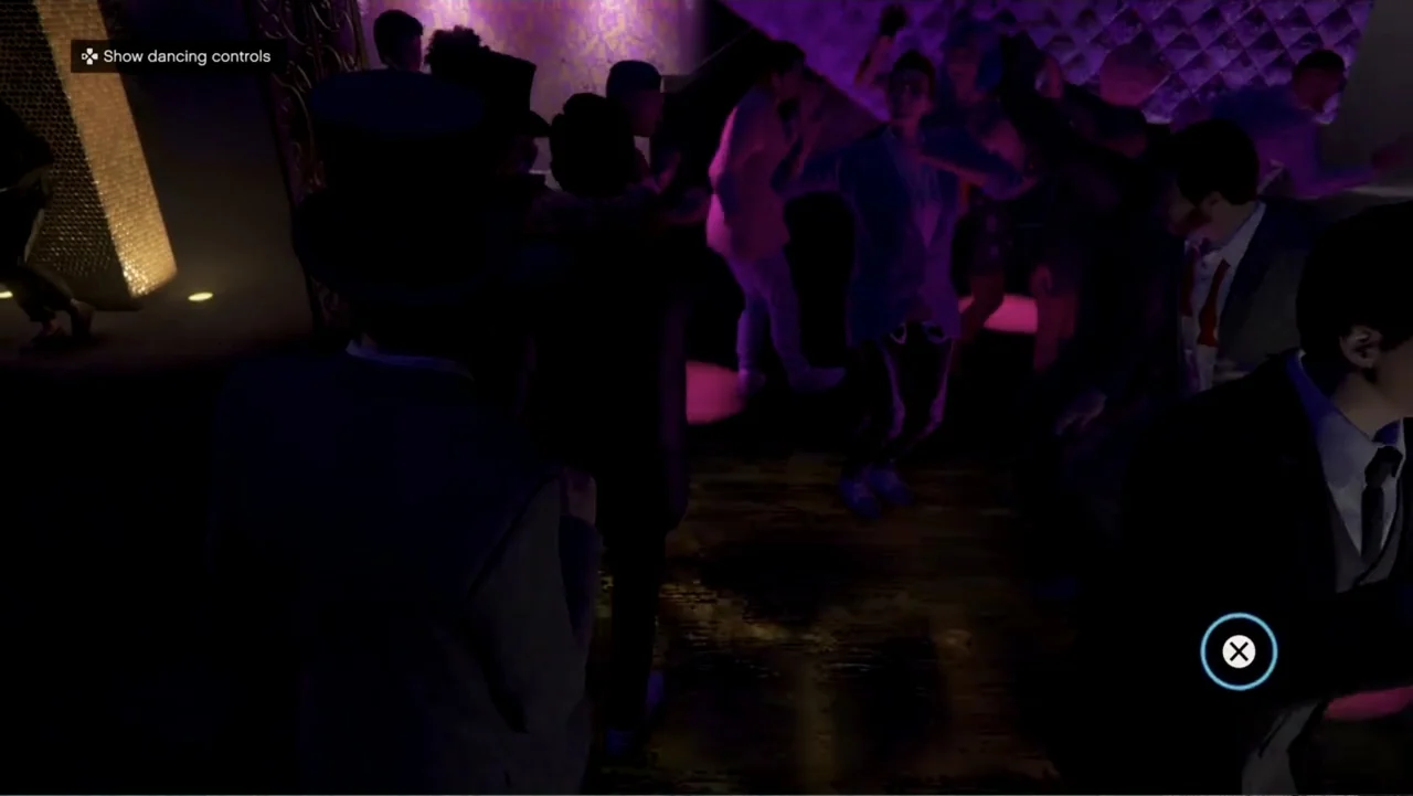Grand Theft Hamlet (2024) movie still: medium — A crowded indoor space features people dancing under intense purple and magenta lighting. Several…