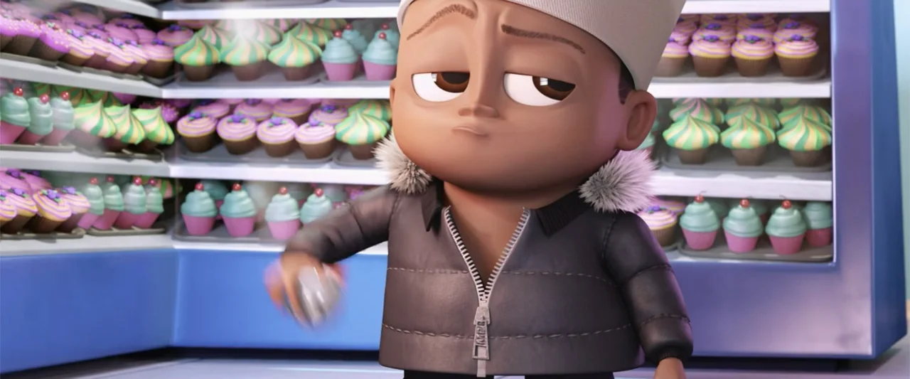 Cloudy with a Chance of Meatballs 2 (2013) movie still: medium — A well-lit bakery interior features shelves stocked with colorful frosted cupcakes.…