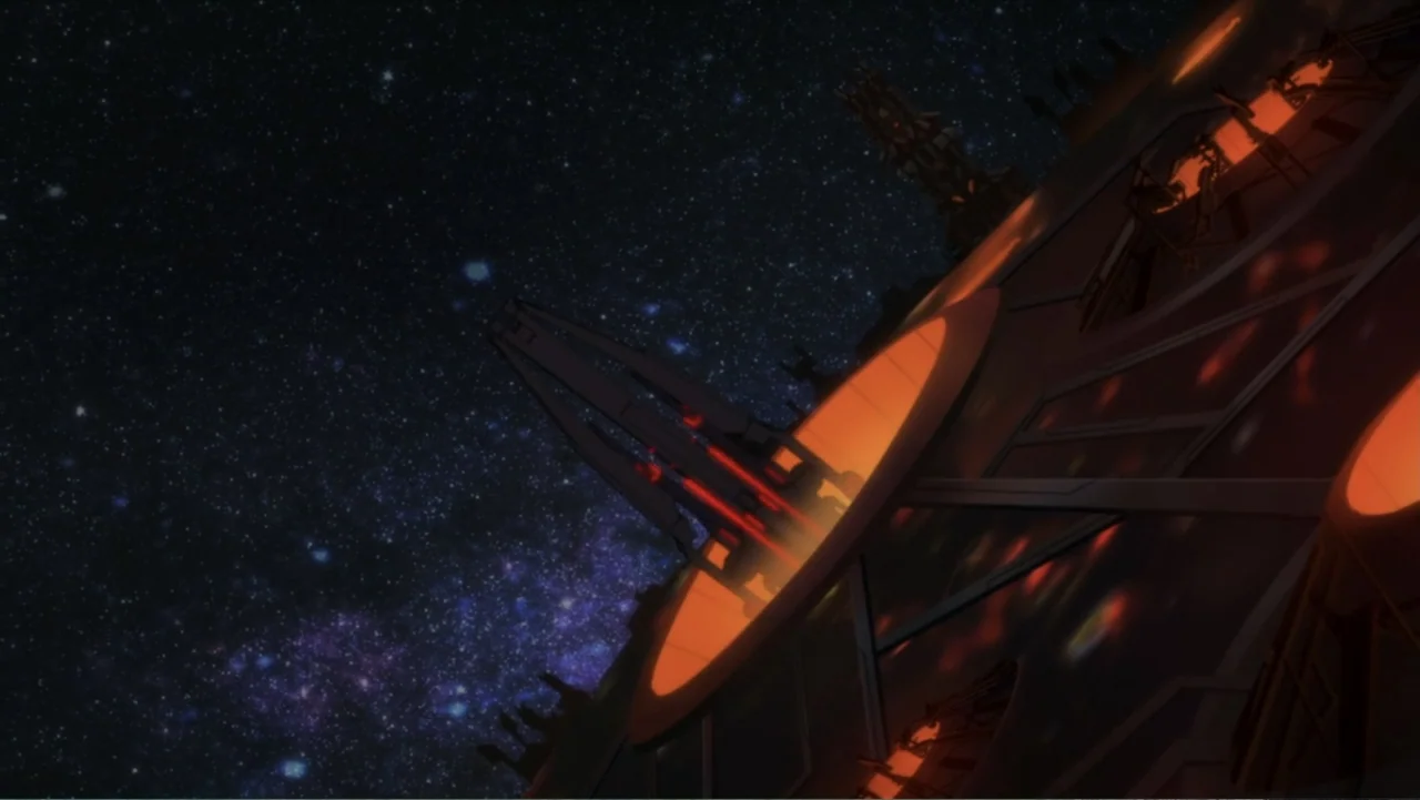 Justice League Dark: Apokolips War (2020) movie still: wide — A massive metallic space station structure rotates against a dense field of distant…