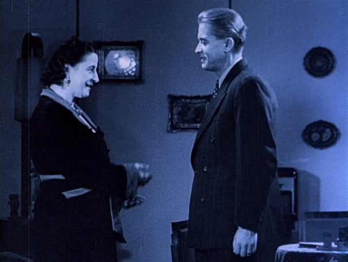 Innocence Unprotected (1968) movie still: medium — A dimly lit room with framed wall art and decorative wall plates. A man and a woman stand close,…