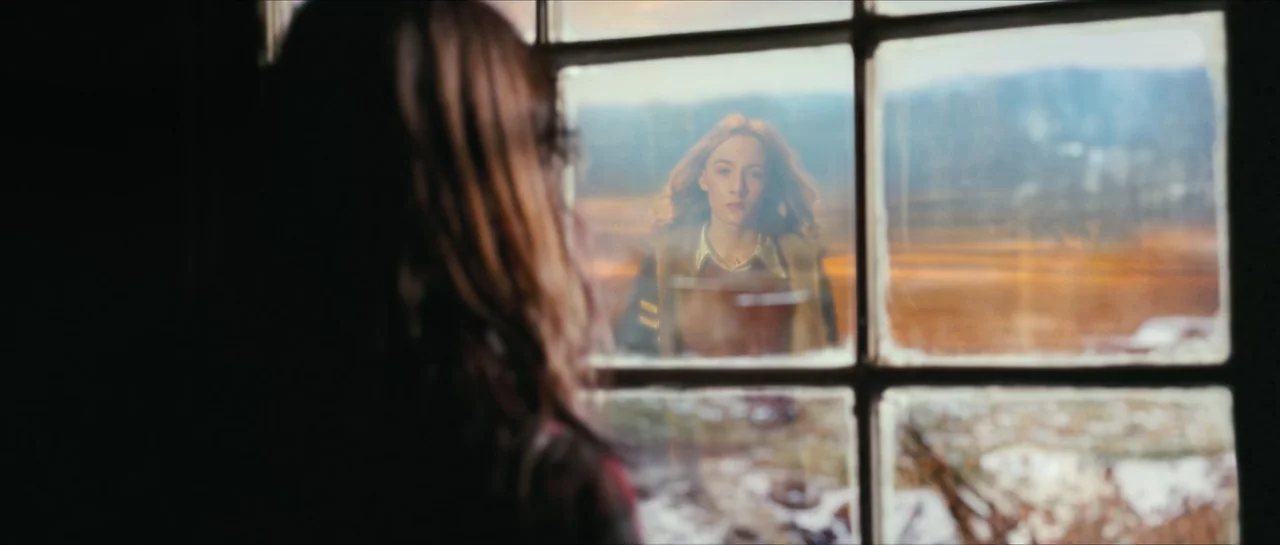 The Lovely Bones (2009) movie still: medium — An interior wooden room faces an exterior landscape visible through a window frame. One woman stands…