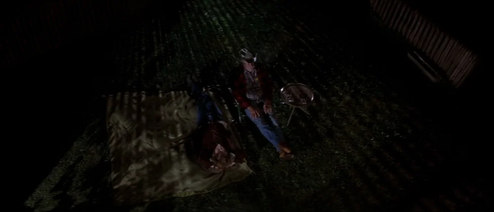 The Straight Story (1999) movie still: wide — A night view of a small lawn enclosed by a wooden picket fence. Two people sit on a blanket under the…