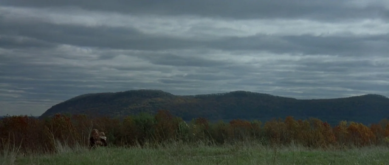 The Cider House Rules movie still: wide — A vast, grassy hillside extends toward a long, forested mountain ridge under cloudy skies. A woman holding…