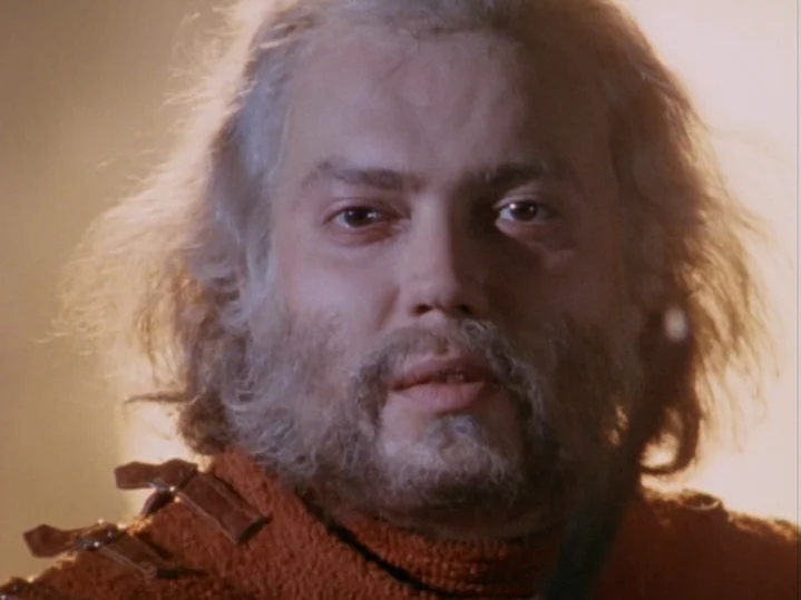 The Magic Flute (1975) movie still: closeup — A man stands against a bright, hazy, light-colored background that obscures the horizon. The man looks…