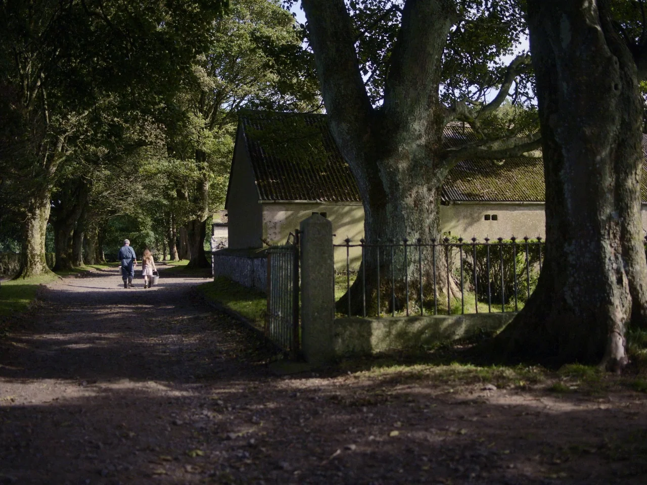 The Quiet Girl (2022) movie still: wide — A dirt path leads past a large tree and a stone building boundary wall. Two people walk away from the…