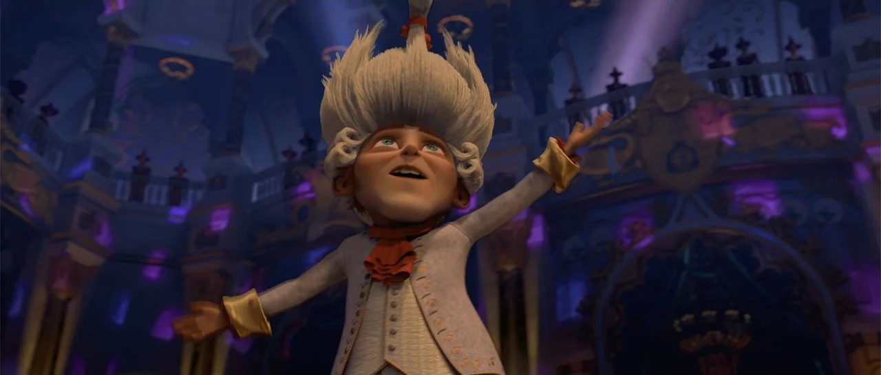 Shrek Forever After (2010) movie still: medium — A grand ornate ballroom with high ceilings and decorative gold architectural molding. A young boy…