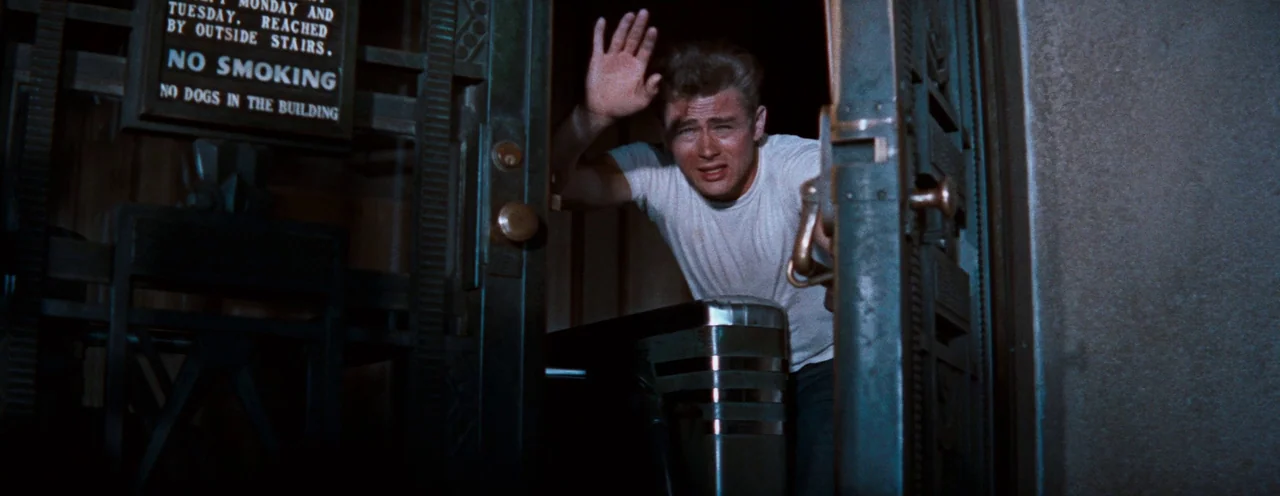 Rebel Without A Cause (1955) movie still: medium — An Art Deco building entrance with a sign on the glass door at night. A young man wearing a…