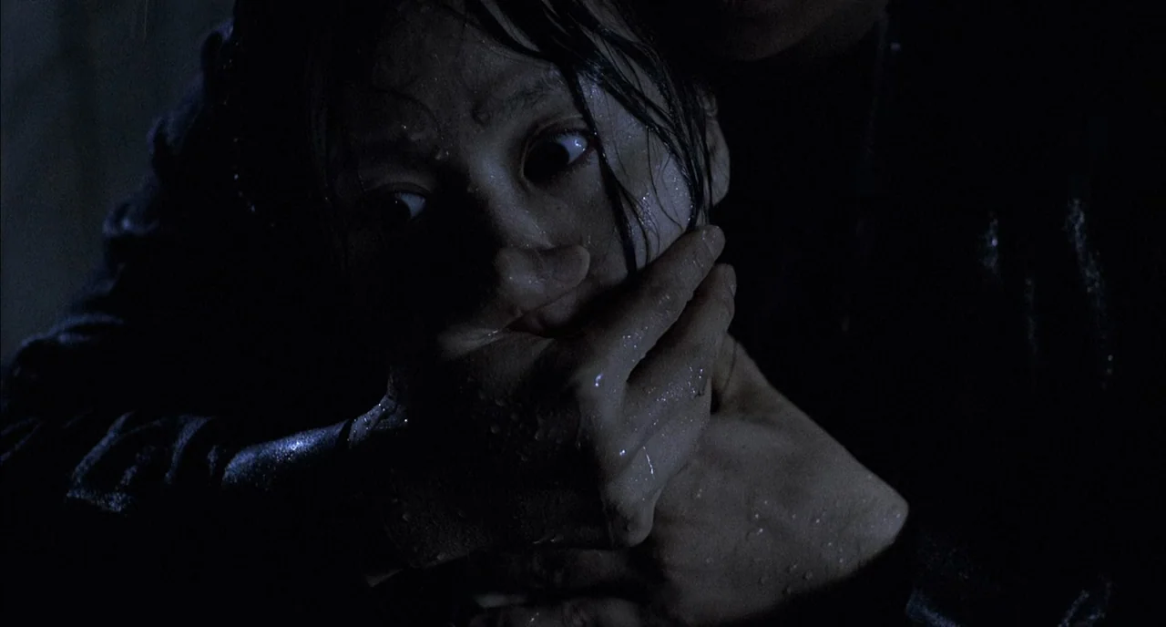 Memories of Murder (2003) movie still: closeup — A person's hand presses firmly against another individual's mouth in dark, rainy conditions. Both…