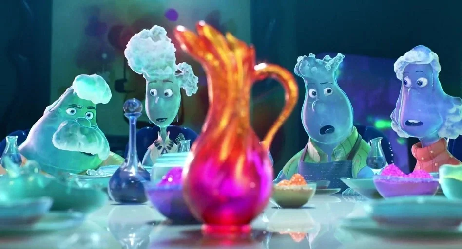 Elemental (2023) movie still: medium — A brightly lit dining area contains four translucent blue-toned figures seated around a table. A large…