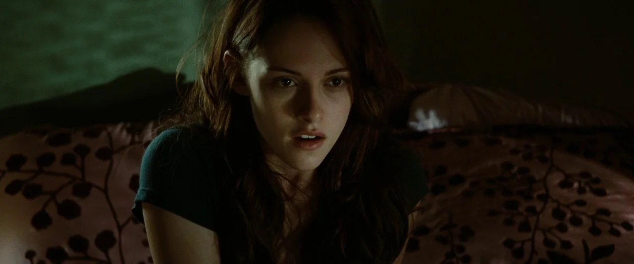 Twilight (2008) movie still: closeup — A dimly lit room with a patterned fabric visible in the out-of-focus background. A young woman sits in the…