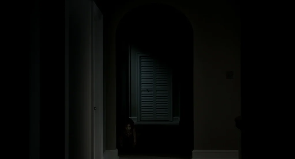 Mama (2013) movie still: wide — A dark, dimly lit domestic hallway leads to an arched entrance. A single louvered door is centered in the back…