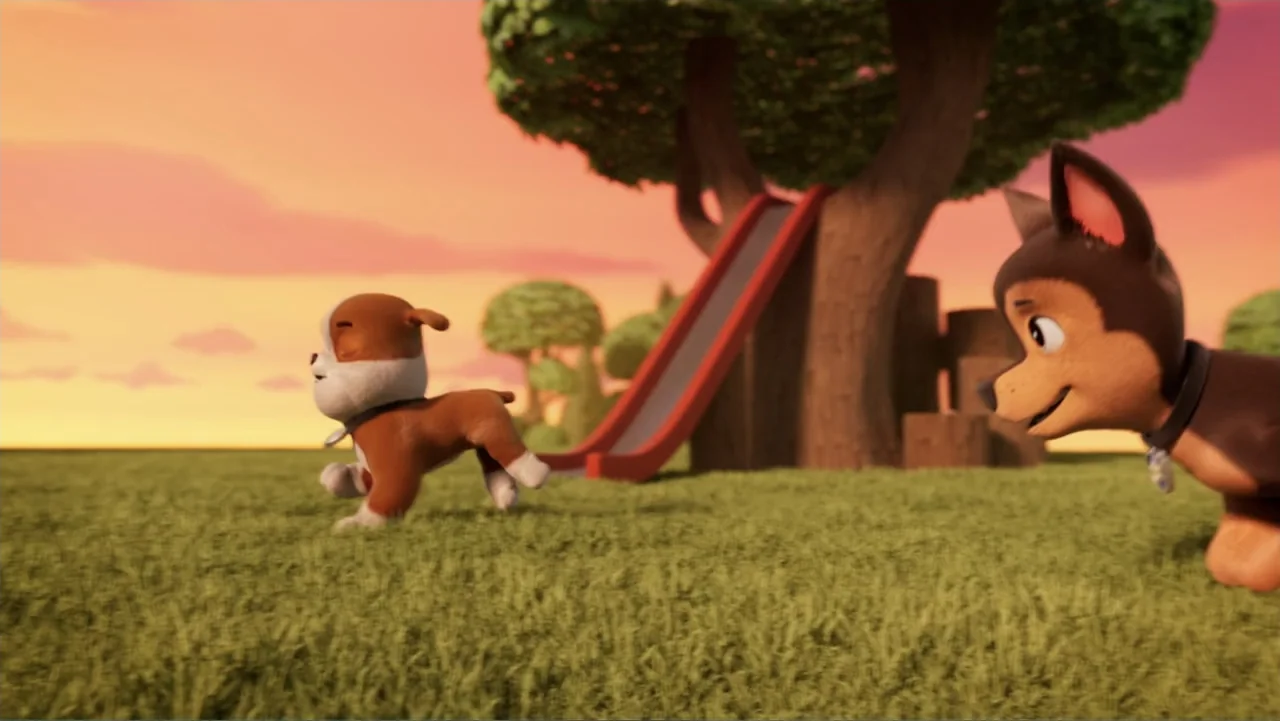 Valiente: A Tracker Story (2025) movie still: medium — A grassy field features a slide built into a large tree during golden hour. Two stylized…