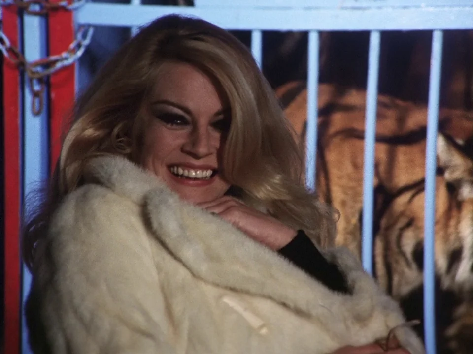 The Clowns (1970) movie still: closeup — A woman stands in front of a blue metal barred animal enclosure. She wears a cream fur coat and smiles…