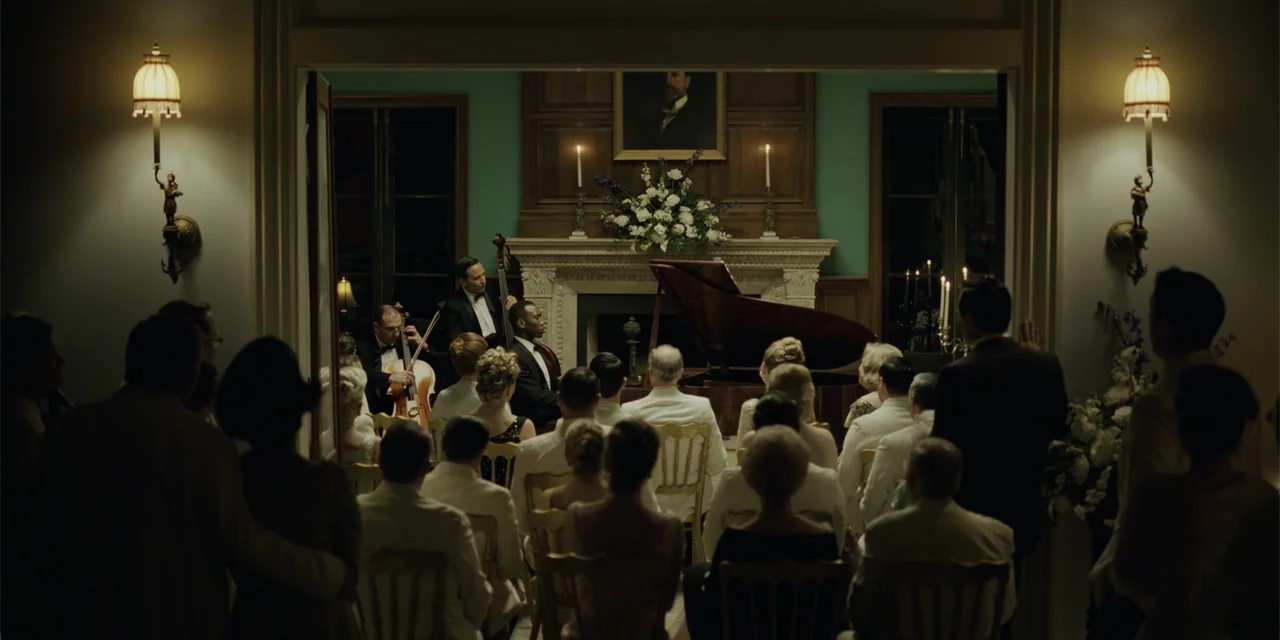 Green Book (2018) movie still: medium — A formal interior room features a stage with a trio playing instruments. Guests in evening attire sit in…