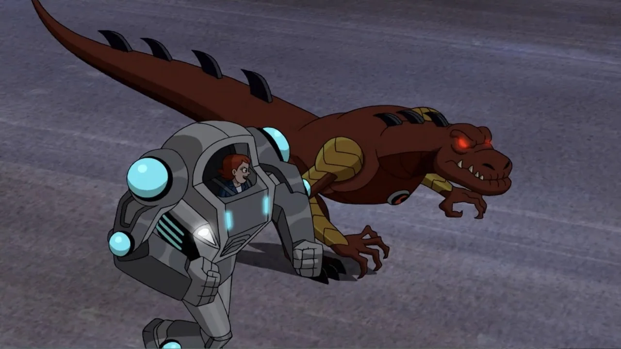 Ben 10: Ben 10,010 (2021) movie still: medium — A flat grey paved surface extends across the background of the frame. A female character inside a…
