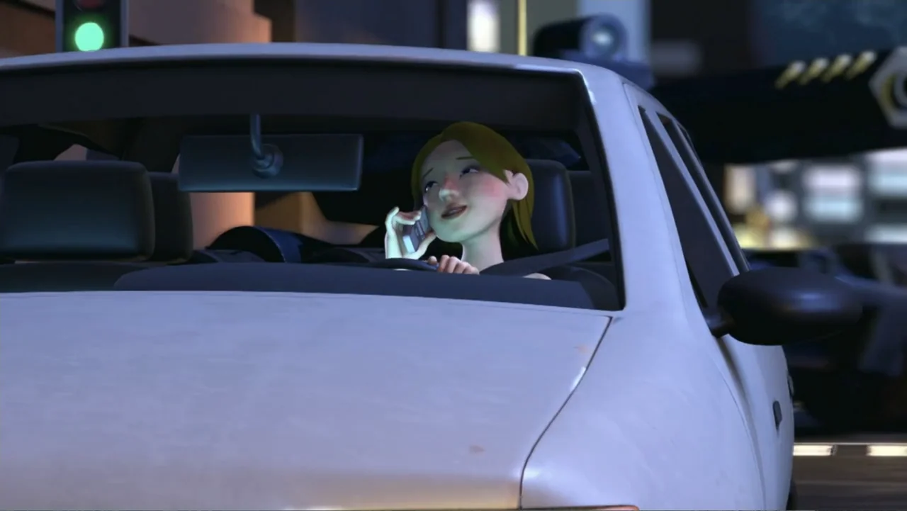 Ben 10: Destroy All Aliens (2012) movie still: medium — A woman sits in the driver seat of a white car at night. She is looking at her phone while…