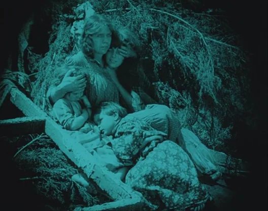 Birth of a Nation (1915) movie still: medium — A group of people huddle together within a dense thicket of pine branches. They are resting on the…