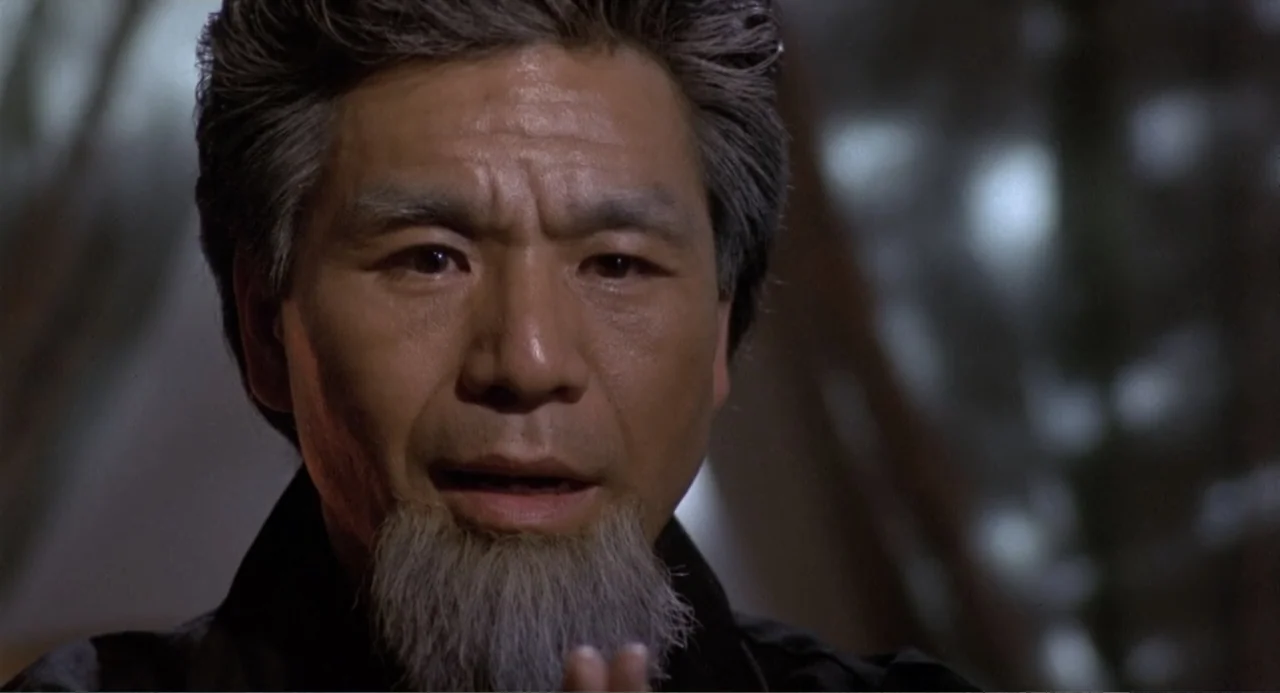 American Ninja 3: Blood Hunt (1989) movie still: closeup — A dark outdoor space with indistinct background textures suggests a night setting. A…