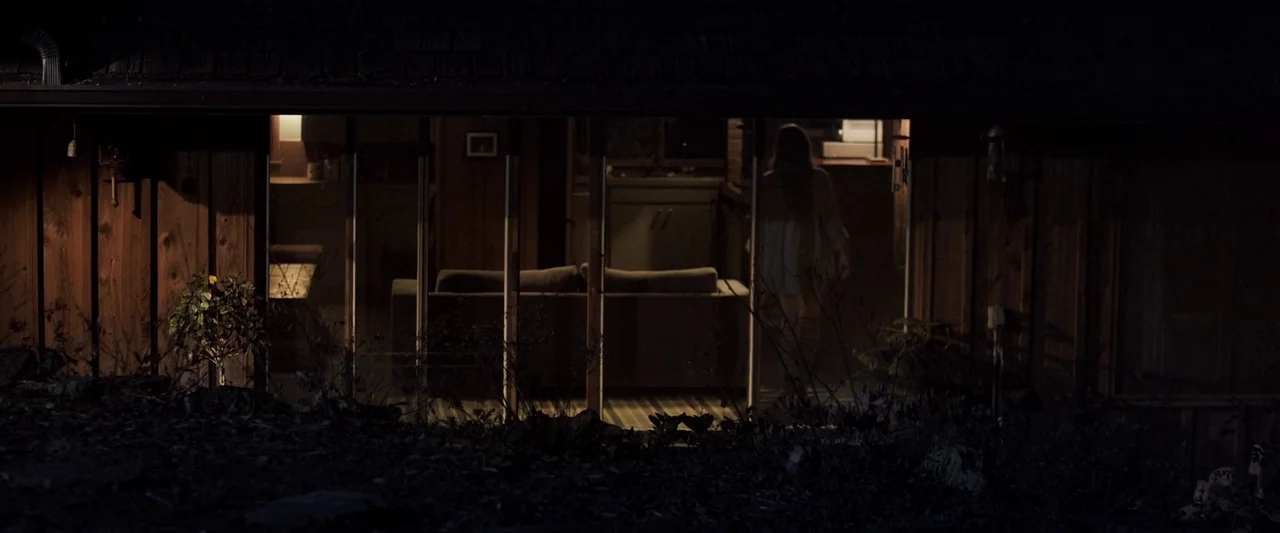 You’re Next (2013) movie still: wide — A wooden house exterior at night features large floor-to-ceiling glass wall panels. A person in a light shirt…