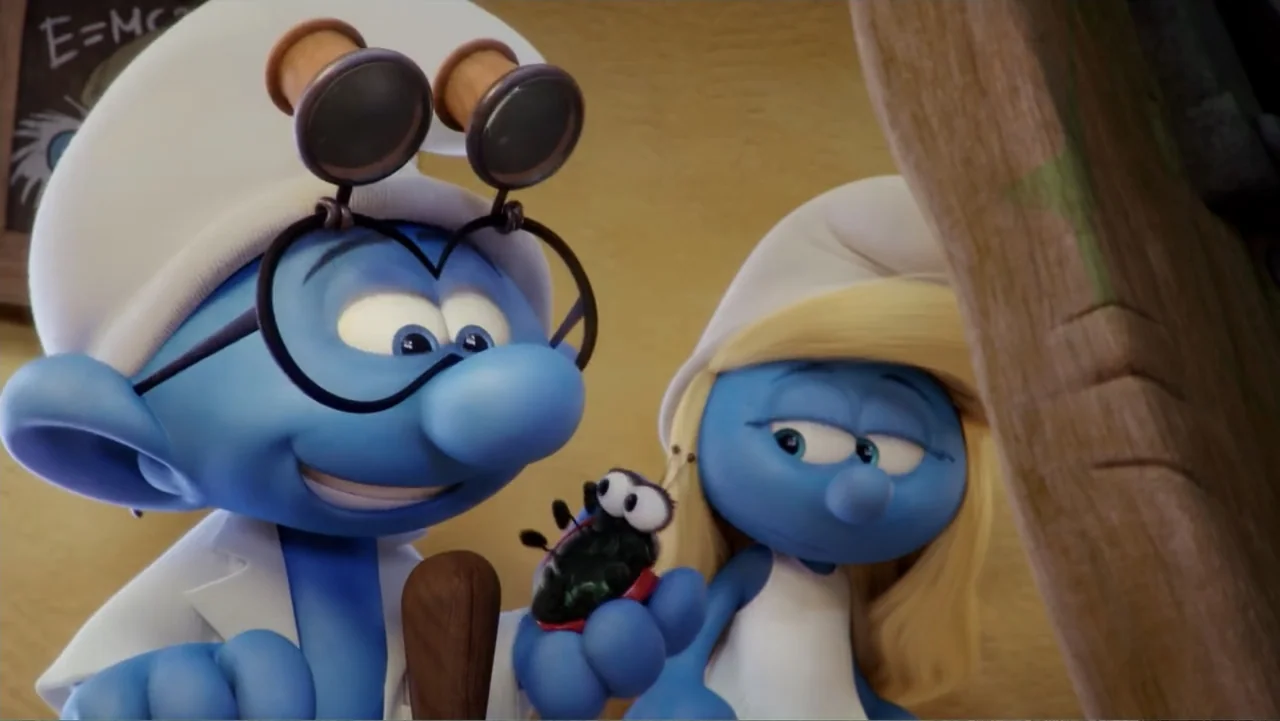 Smurfs: The Lost Village (2017) movie still: medium — A workshop interior features wooden walls and scientific drawings on a chalkboard background.…