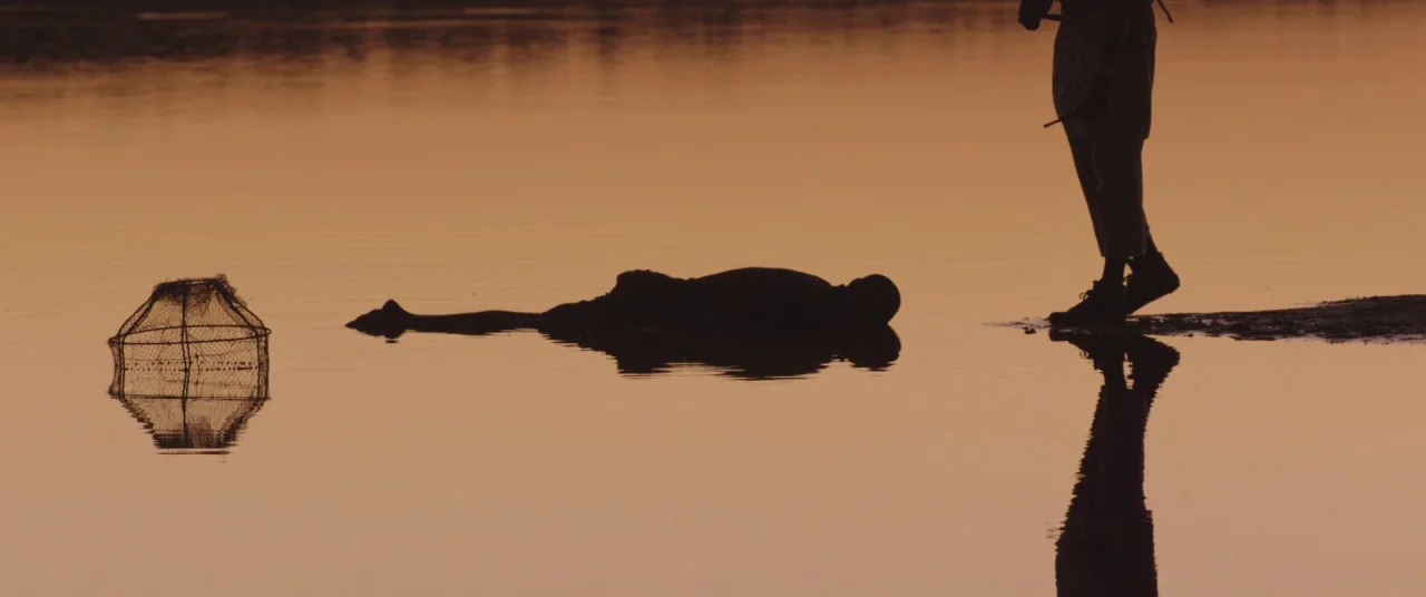 Timbuktu (2014) movie still: wide — A calm, shallow body of water reflects a warm golden sky during sunset. A person stands near another individual…