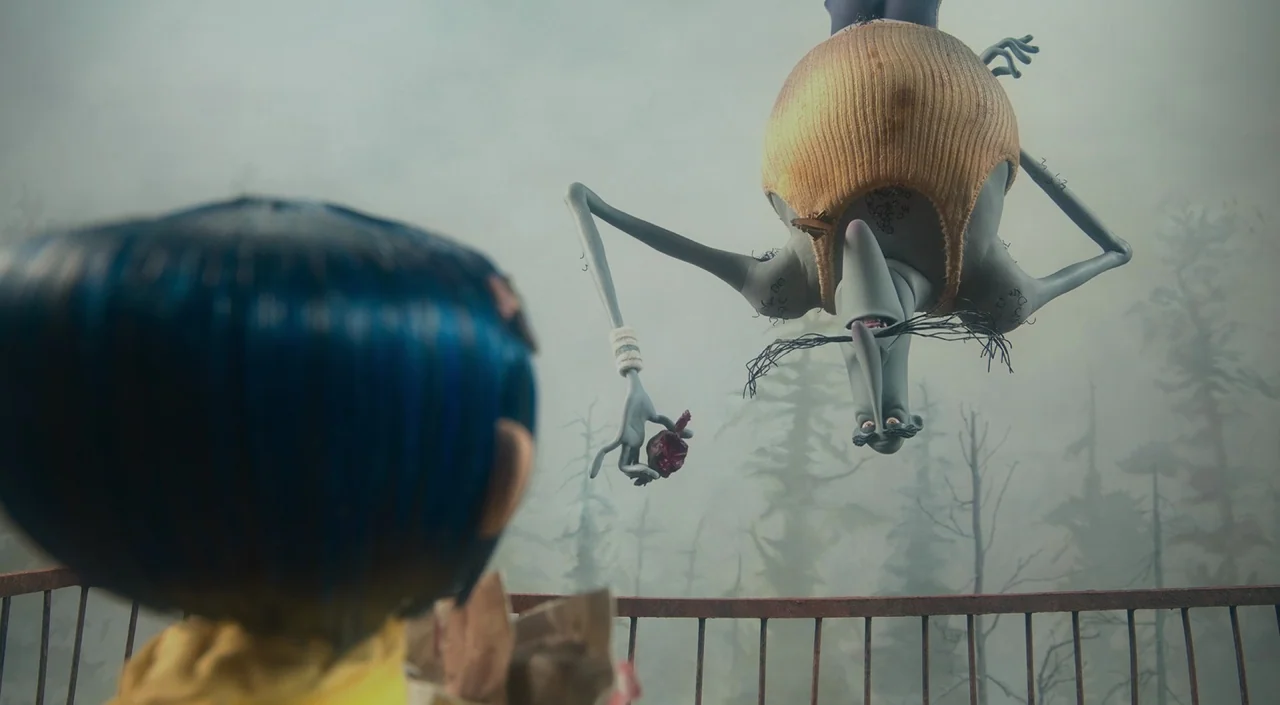 Coraline (2009) movie still: medium — A misty, foggy landscape viewed from an elevated iron railing balcony outdoors. A tall, thin man suspended…