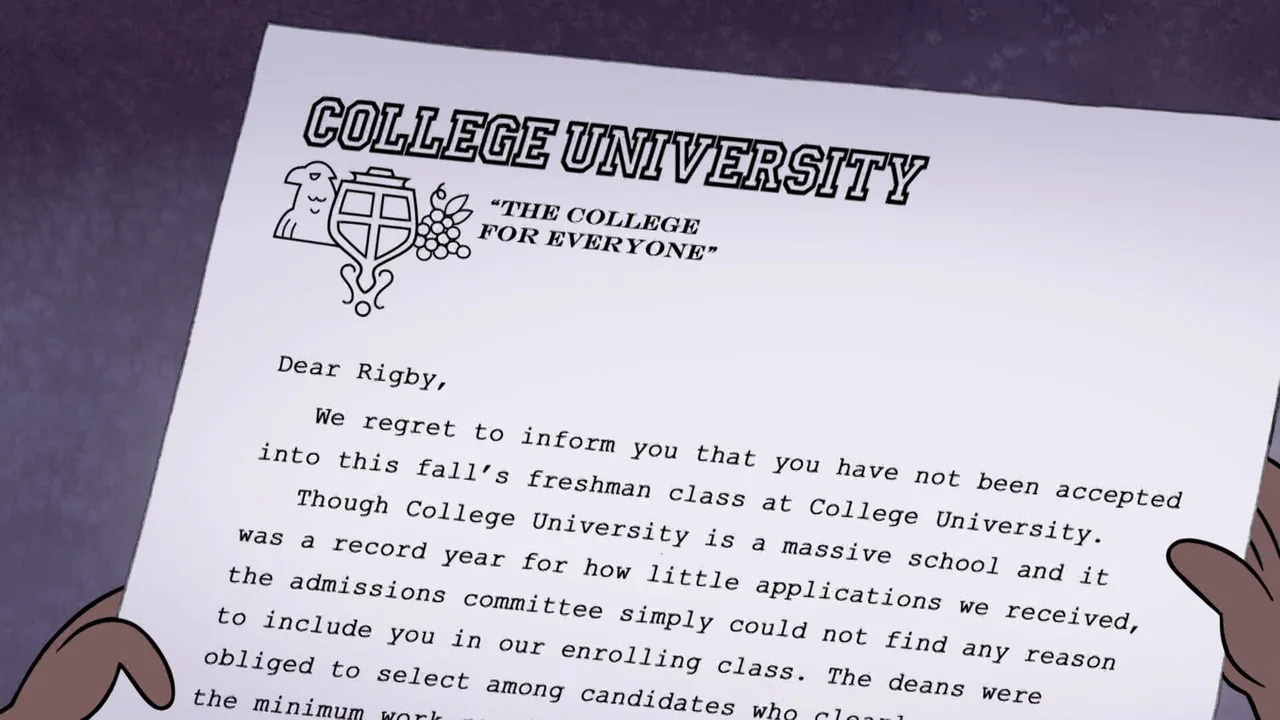 Regular Show: The Movie (2015) movie still: closeup — A close-up shot of a white formal rejection letter held in two hands. The document bears the…