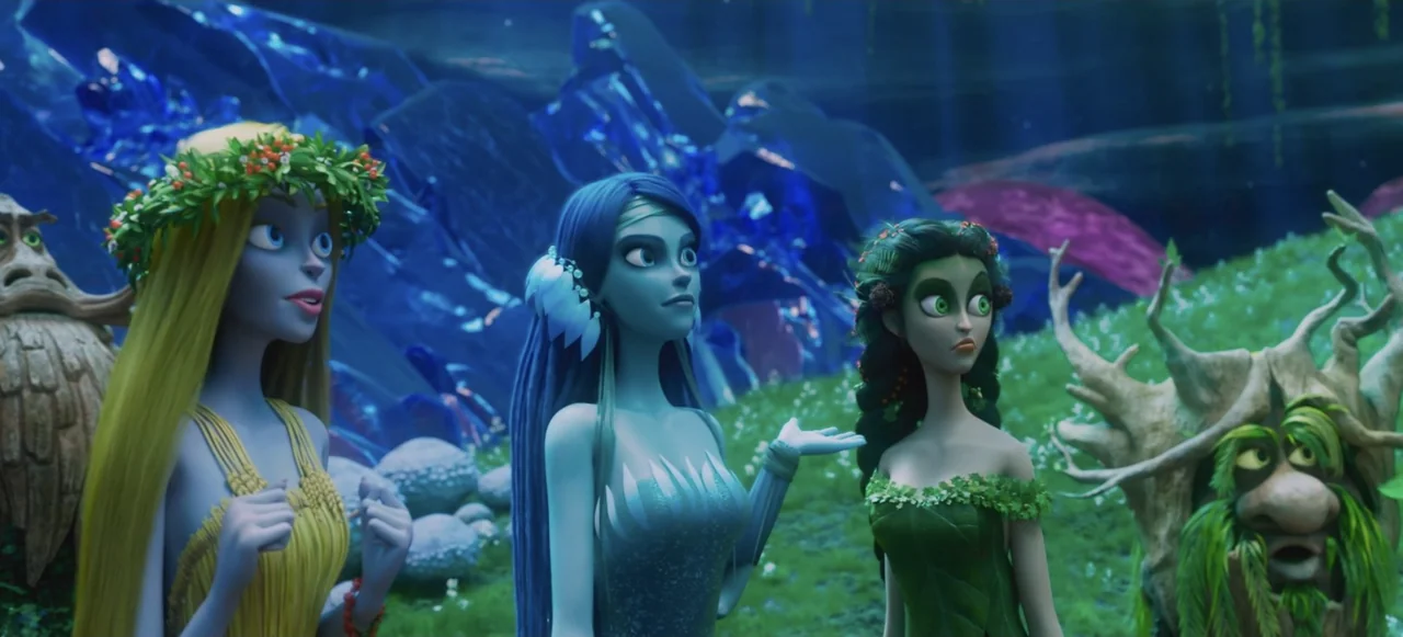 Mavka: The Forest Song (2023) movie still: medium — A vibrant nocturnal forest landscape features three distinct stylized humanoid women standing…