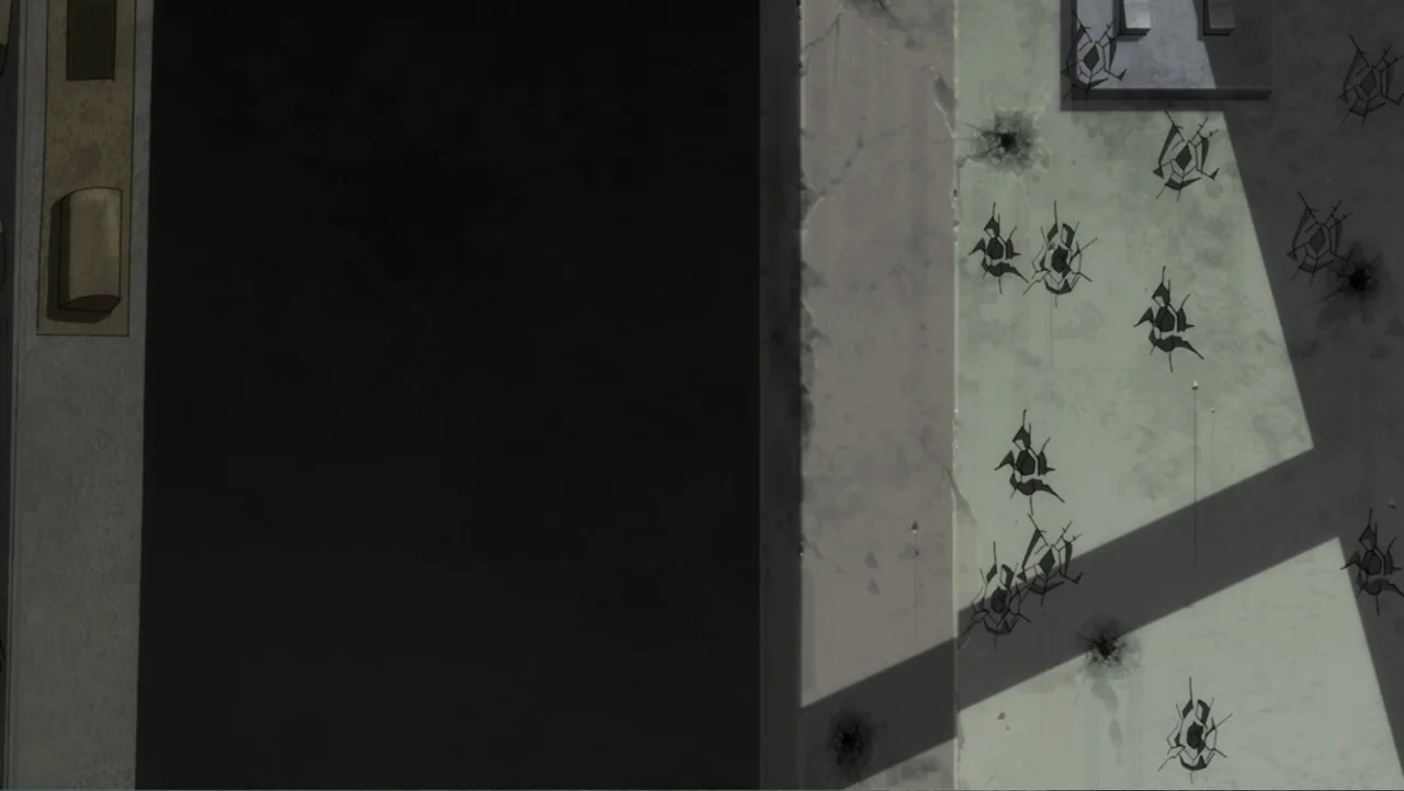 Batman: The Dark Knight Returns, Part 1 (2012) movie still: establishing — A close overhead view of a weathered grey concrete wall in daylight.…