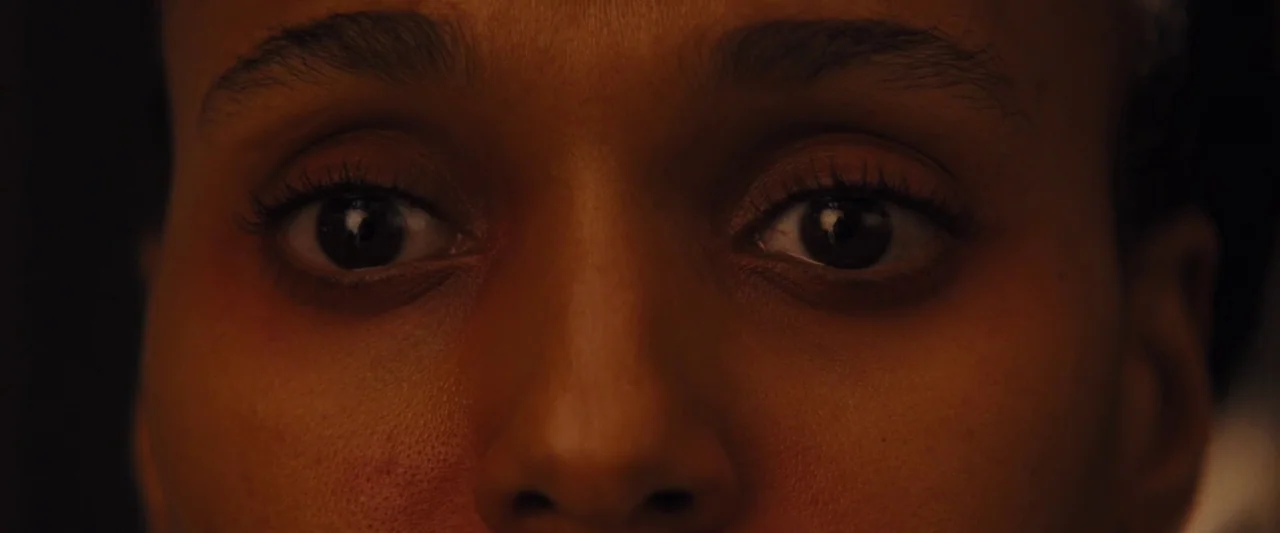 Django Unchained (2012) movie still: closeup — A close-up view focuses on the eyes and bridge of a human nose. The dark skin is illuminated by warm,…