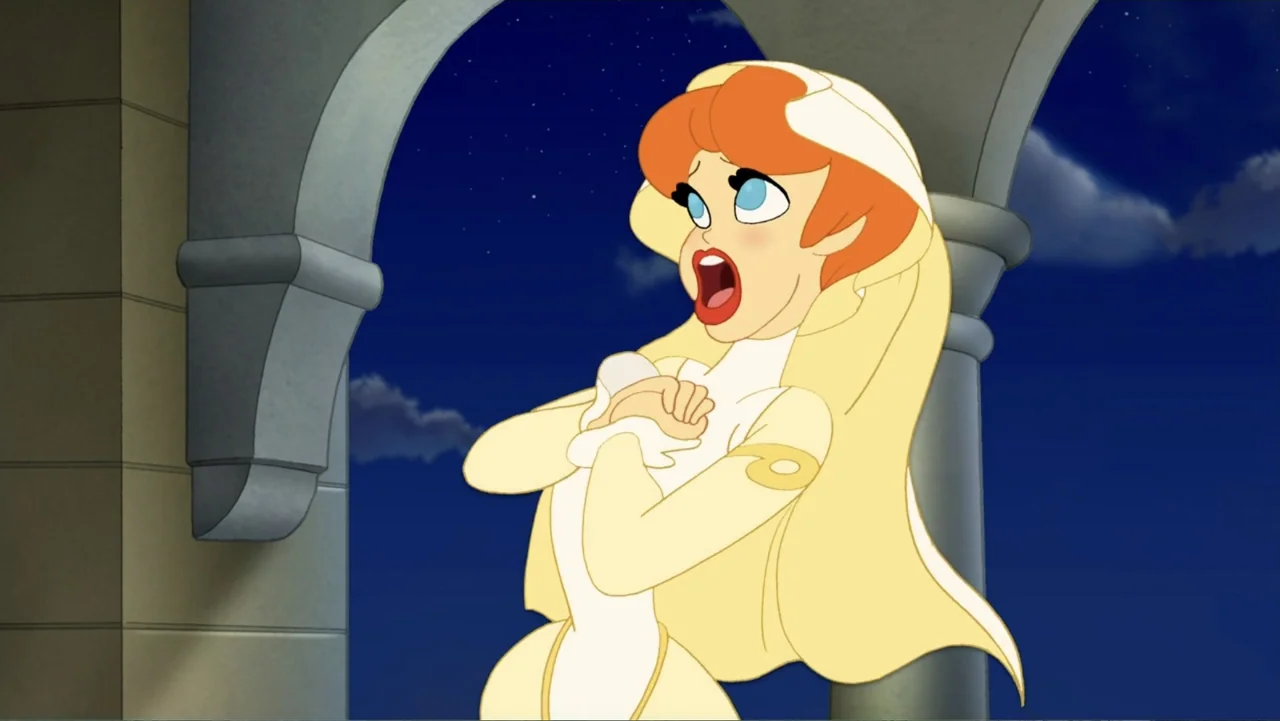 Tom and Jerry: Robin Hood and His Merry Mouse (2012) movie still: medium — A stone archway overlooks a dark night sky with visible stars. A woman…