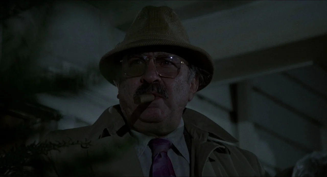 The Amityville Horror (1979) movie still: closeup — A night exterior setting features a man standing on a shadowed porch. The man wearing a hat and…