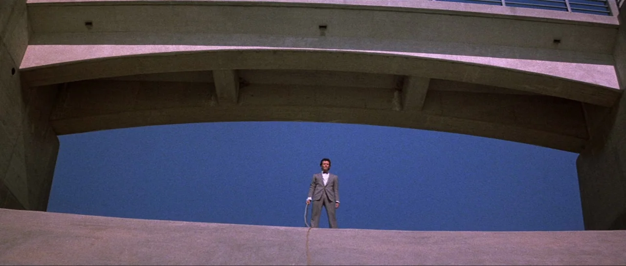 The Adventures of Buckaroo Banzai Across the 8th Dimension (1984) movie still: wide — A man stands beneath a large, arched concrete bridge spanning…