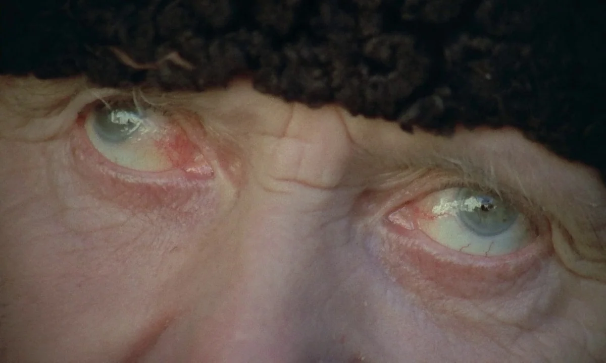 Immoral Tales (1974) movie still: closeup — A close-up view of an elderly man's eyes against a dark textured hat. The man looks directly upward…