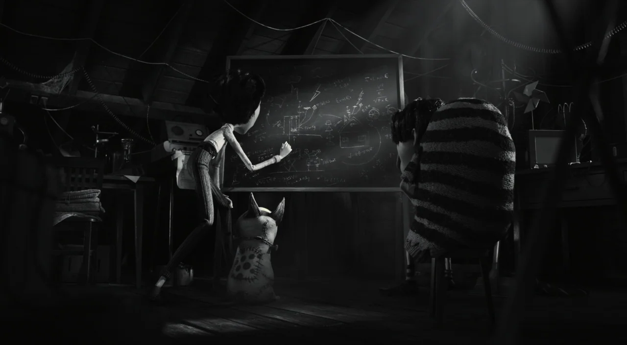 Frankenweenie (2012) movie still: medium — An attic workspace contains a large chalkboard covered in mathematical equations and electrical diagrams.…