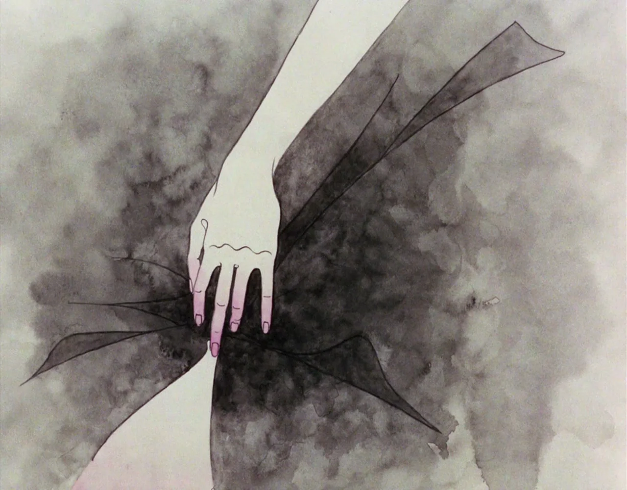 Belladonna of Sadness (1973) movie still: closeup — An abstract background features layered shades of grey ink wash textures. A single pale hand…
