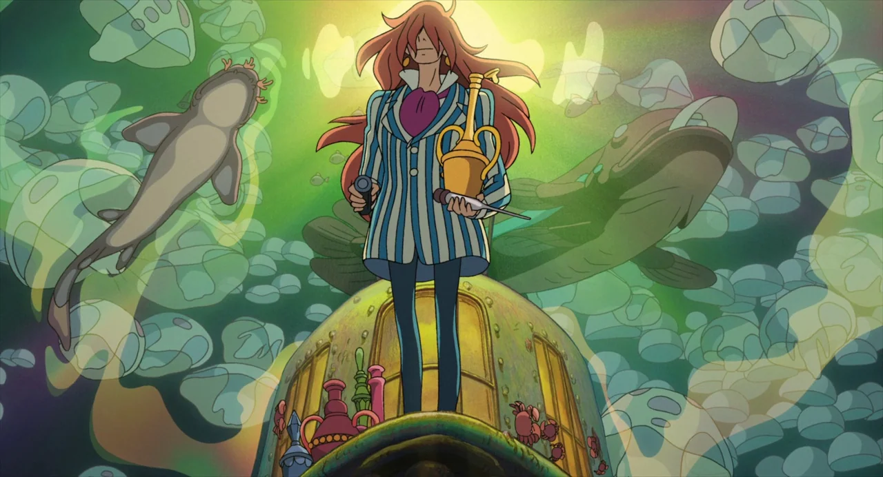 Ponyo (2008) movie still: fullbody — An underwater scene features a person standing atop a domed, yellow metallic structure. Numerous fish and…