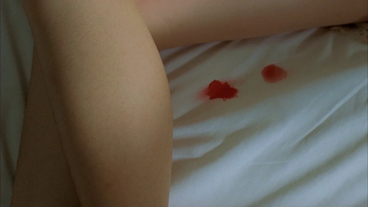 A Tale of Two Sisters (2003) movie still: closeup — A pair of human legs rest on white fabric sheets. Small red spots are visible on the surface of…