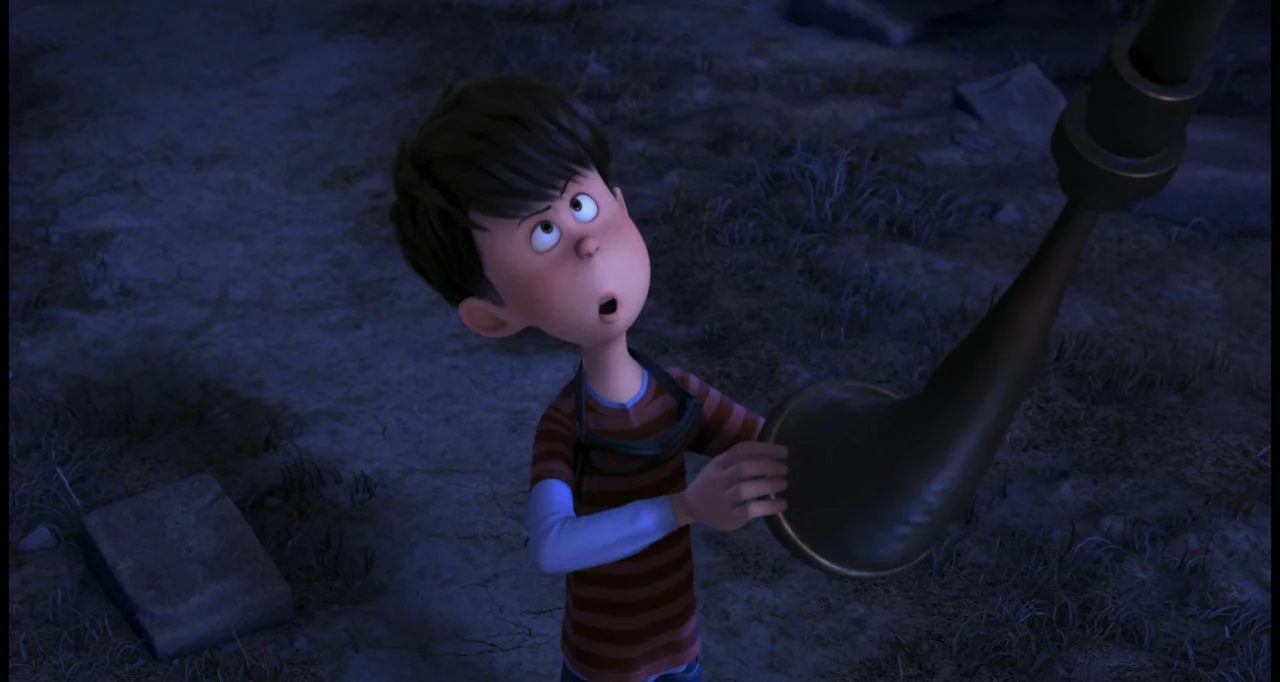 The Lorax (2012) movie still: medium — A dark outdoor space with dry ground under a cool night sky. A young boy looks up at a horn hanging from above.