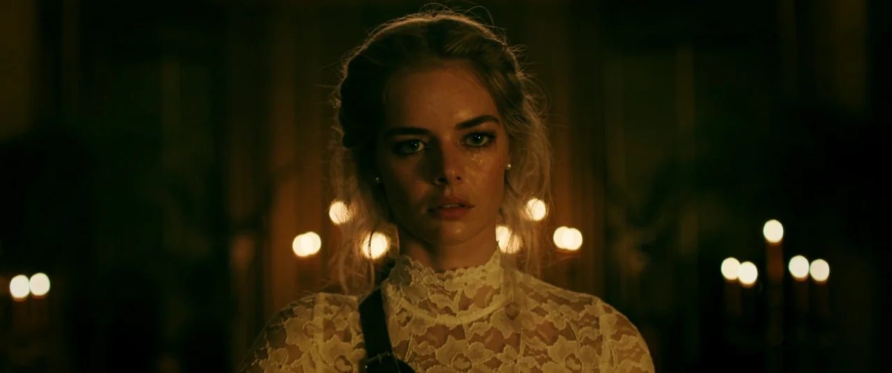Ready or Not (2019) movie still: closeup — A dimly lit room with out-of-focus candles scattered in the background. A woman in a lace top stands in…