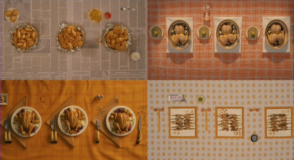 Fantastic Mr. Fox (2009) movie still: wide — Four quadrants display different dining table surfaces featuring varied prepared meals and appetizers.…