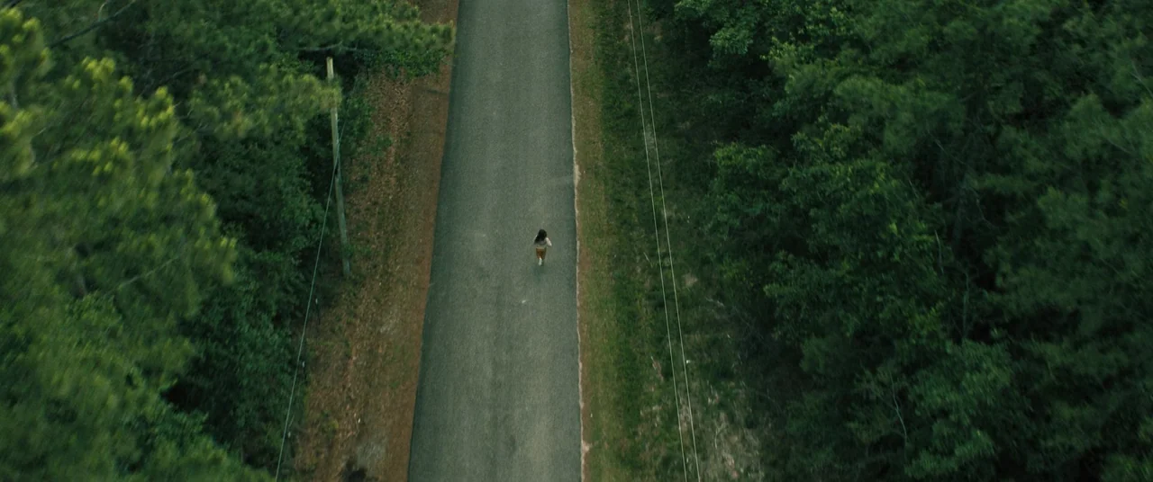 No One Will Save You (2023) movie still: wide — A narrow asphalt road winds through a dense, green pine and hardwood forest corridor. A lone runner…