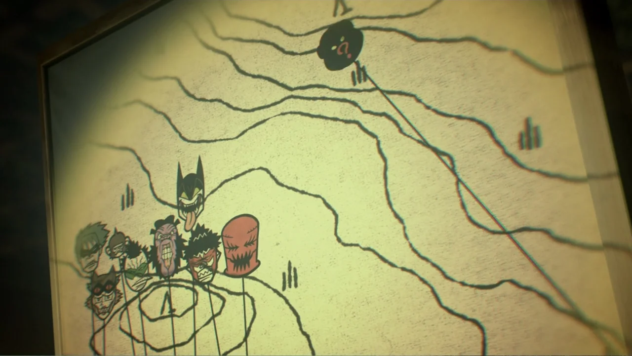 Batman Ninja vs. Yakuza League (2025) movie still: closeup — A cream-colored map displays hand-drawn topographic contour lines and stylized cartoon…