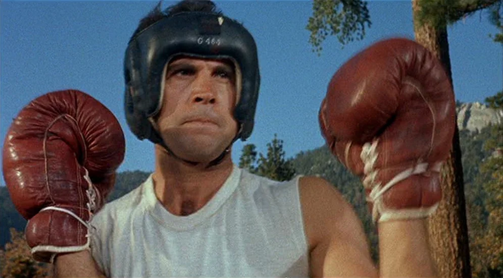 Kid Galahad (1962) movie still: medium — A man stands in an outdoor area surrounded by tall pine trees and mountains. The man wears leather headgear…