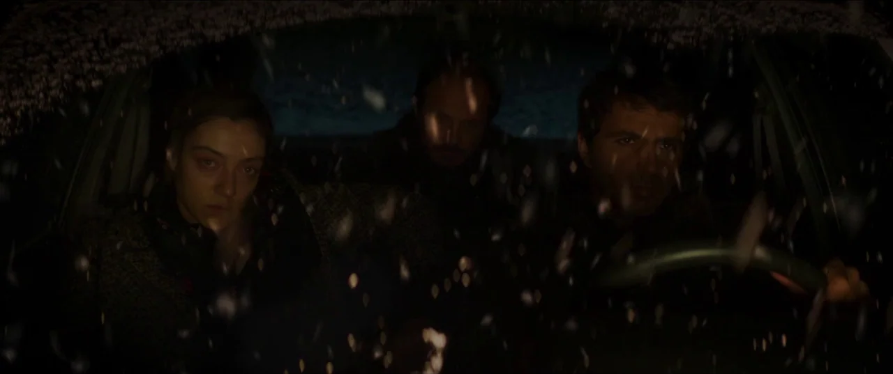 About Dry Grasses (2023) movie still: medium — Three individuals sit in the front row of a car at night during snowfall. The interior is dark and…