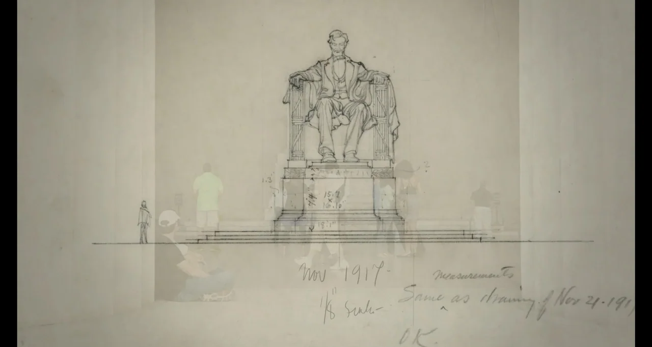 Living With Lincoln (2015) movie still: wide — A architectural drawing of a large seated statue is superimposed over a public monument. The drawing…